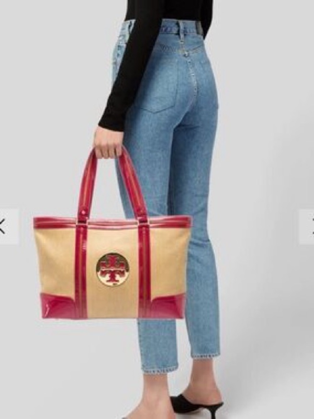 Tory Burch Straw Tote with Fuchsia Patent Trim and Gold Logo - Picture 7 of 12